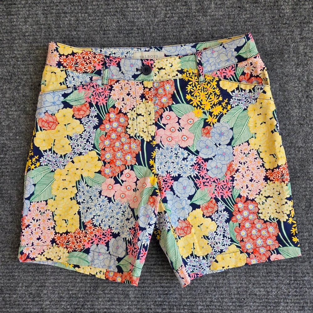 Talbots Womens Floral Print Chino Shorts Navy Multi Color Size 4 Stretch Cotton